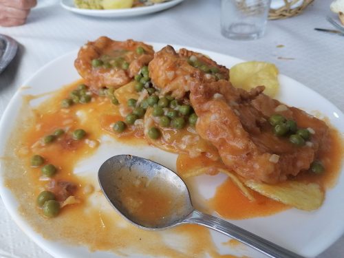 Monkfish with potatoes and peas