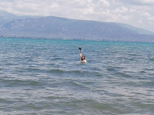 With the mountain behind