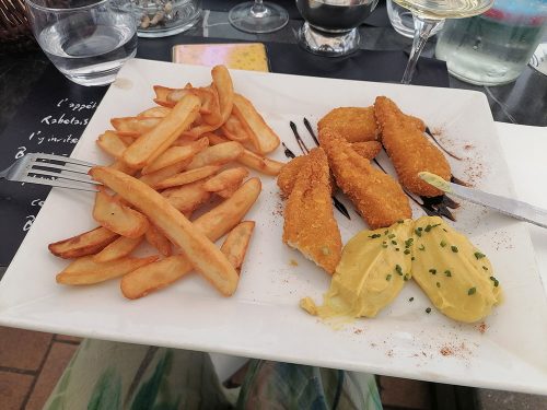 Chicken curry with chips and mustard mayonnaise