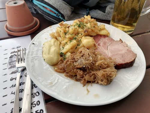 Gammon with cabbage and roasted potatoes