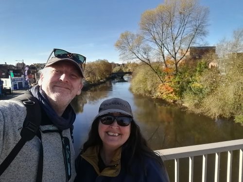 Crossing the footbridge