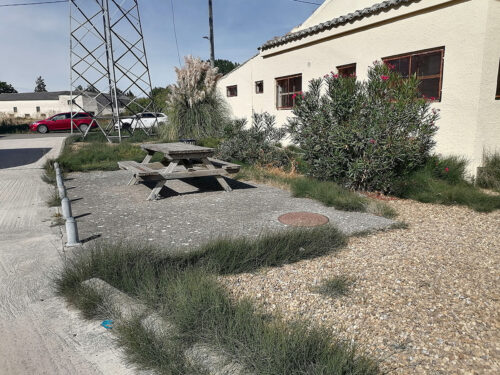 Table and bench for sitting in the area